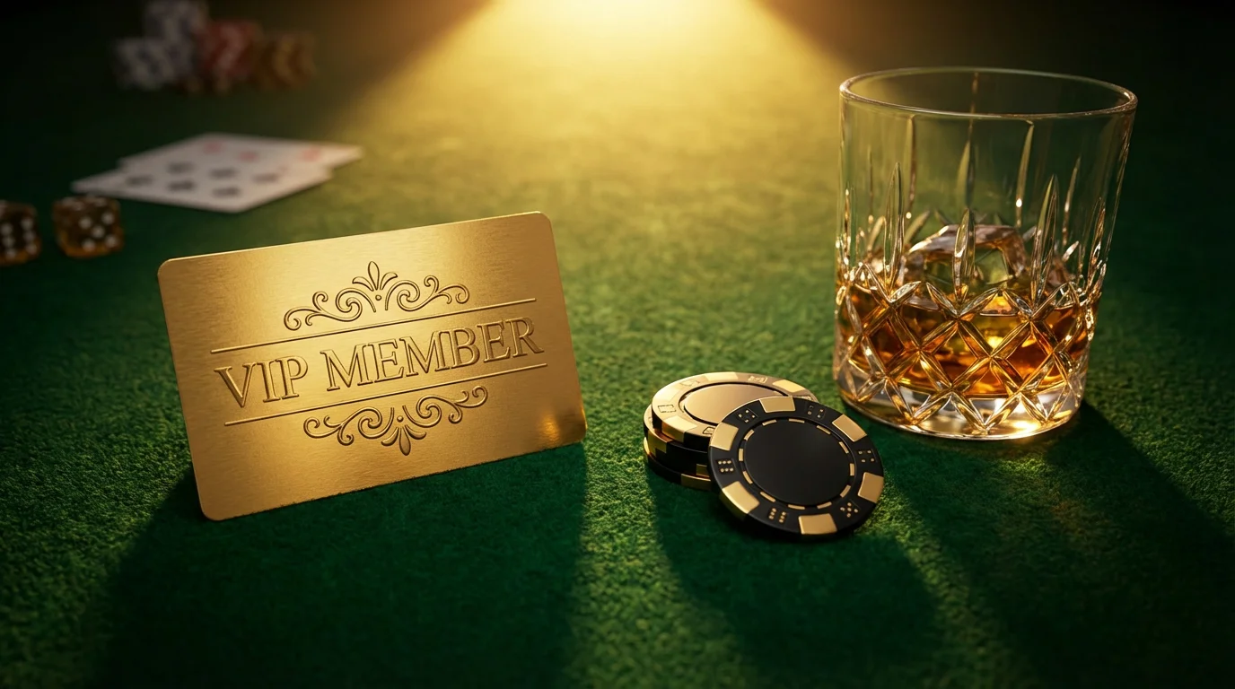 Casino loyalty programmes UK — golden VIP card resting on a green felt table beside stacked chips