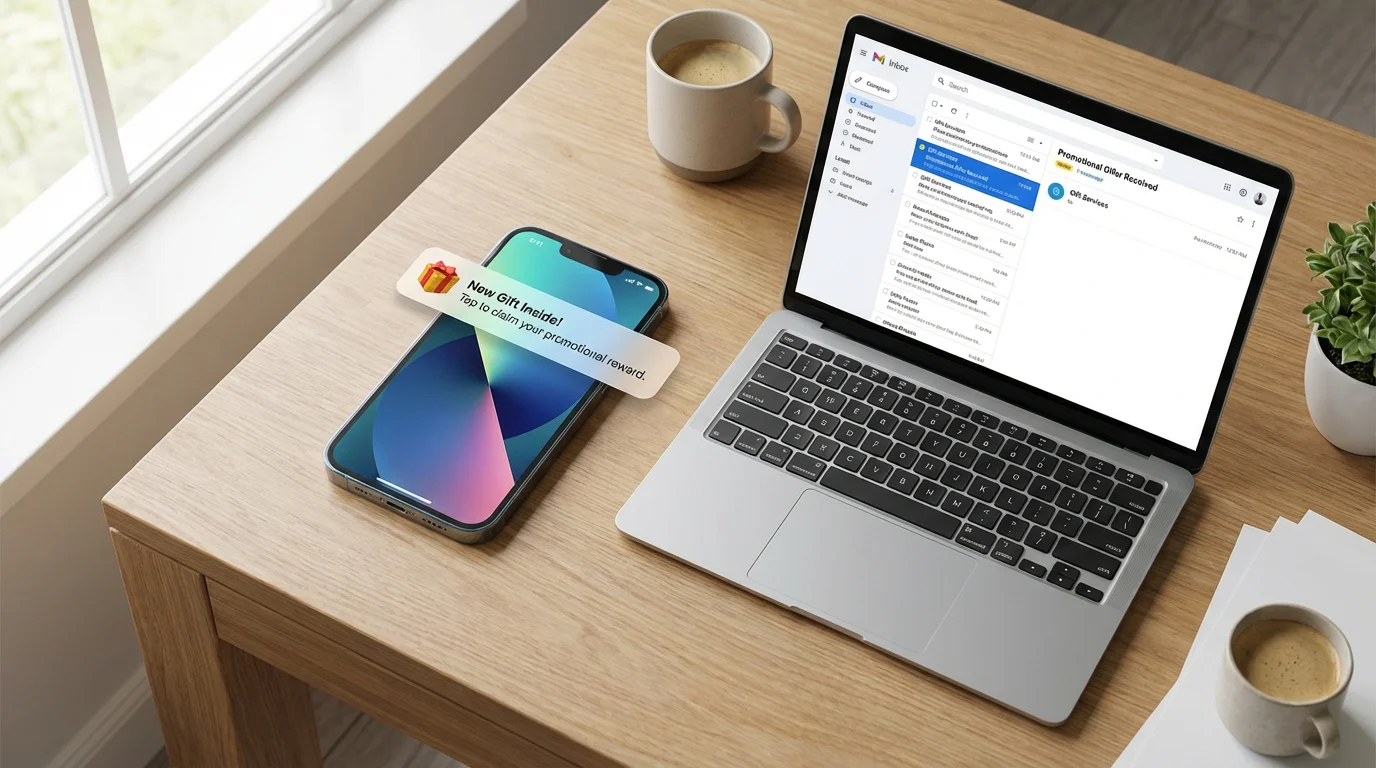 Email and SMS casino offers UK — smartphone showing a promotional notification beside an open laptop