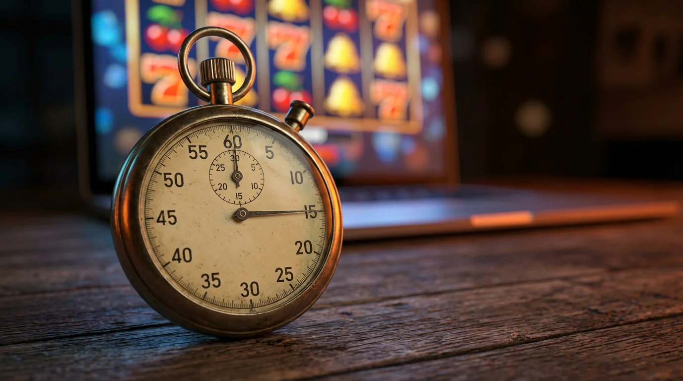 Free play casino bonuses UK — stopwatch counting down beside a glowing slot machine screen