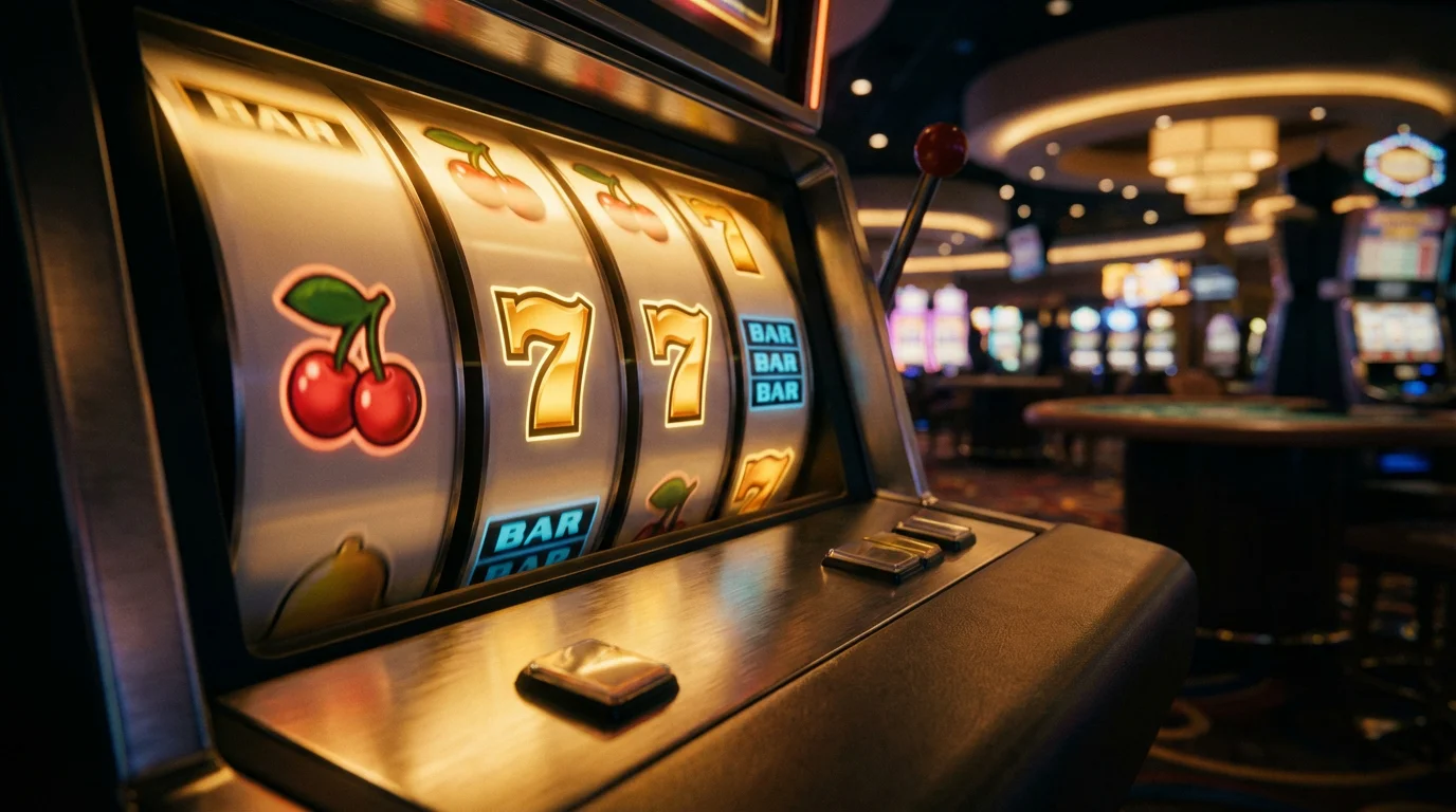 Free spins no deposit UK — glowing slot machine reels in a casino setting