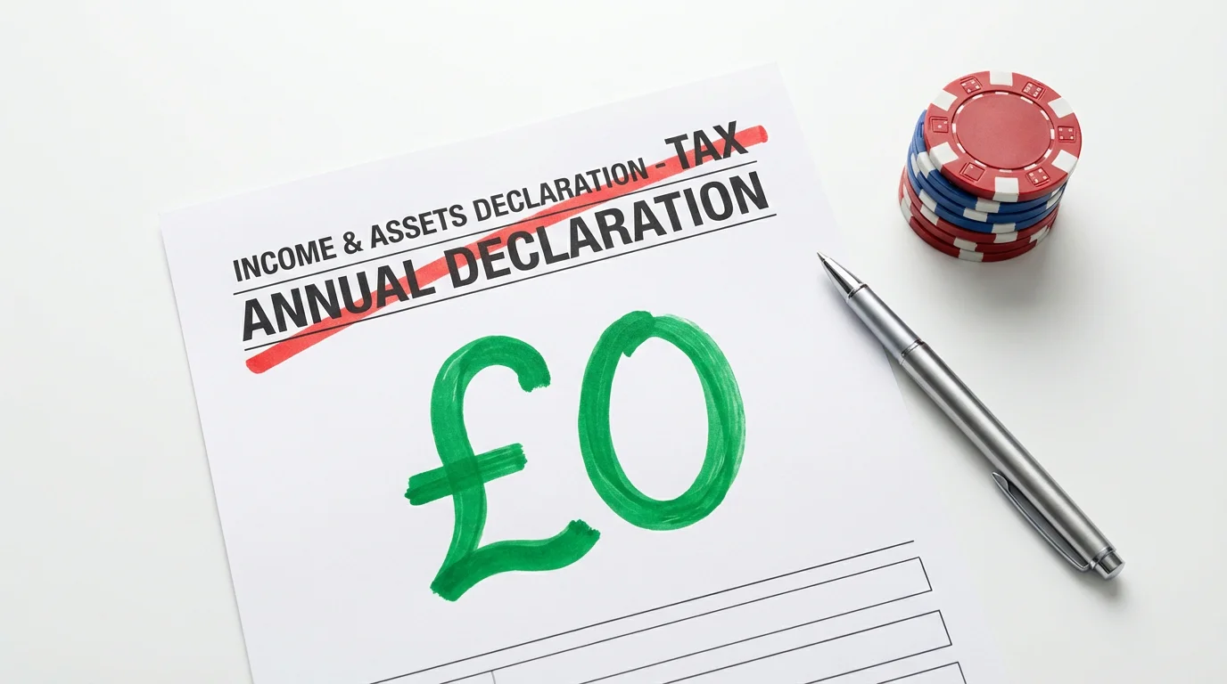 Gambling tax UK — a £ sign next to a crossed-out tax form on a clean desk