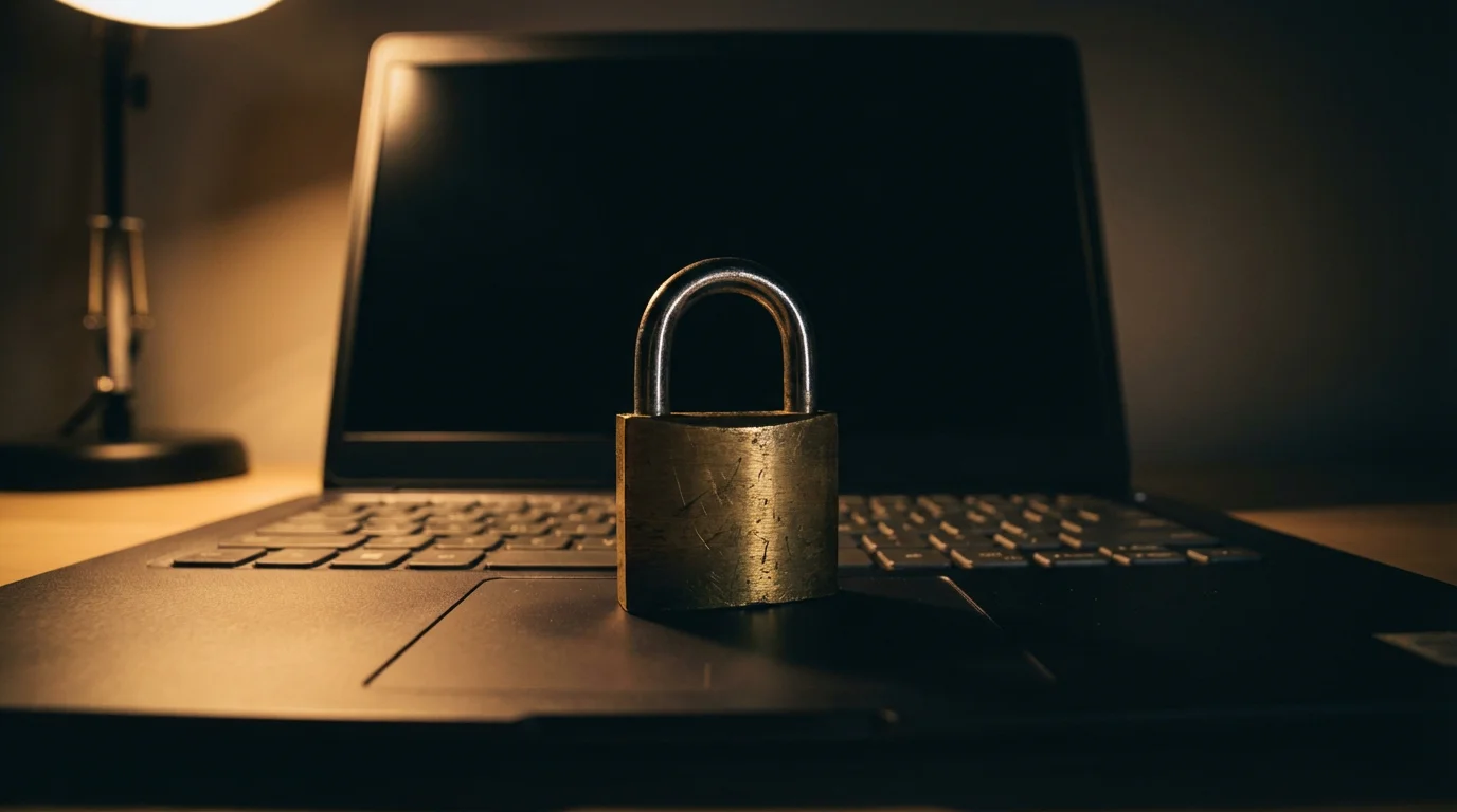 GamStop self-exclusion UK — a closed padlock resting on a laptop keyboard