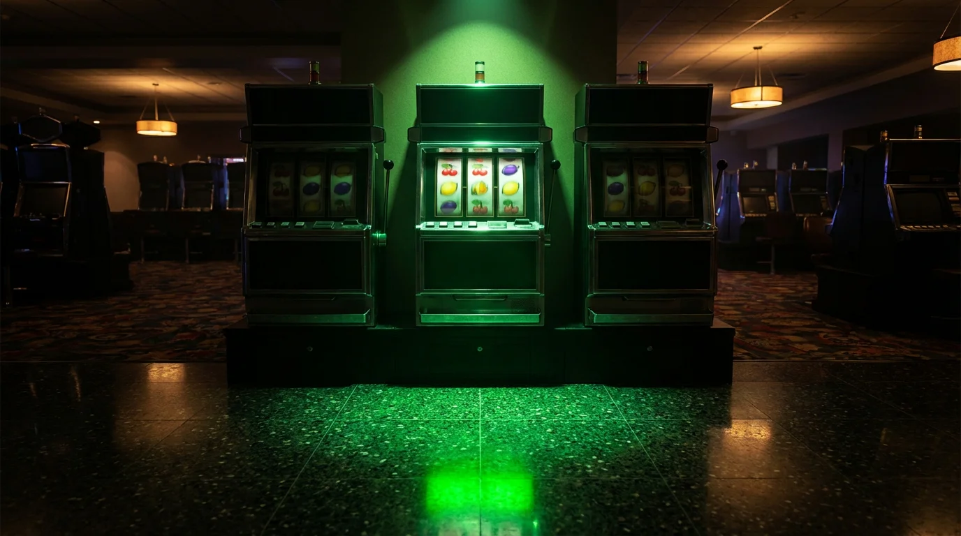Highest RTP slots UK — a row of slot machines with one highlighted in green light