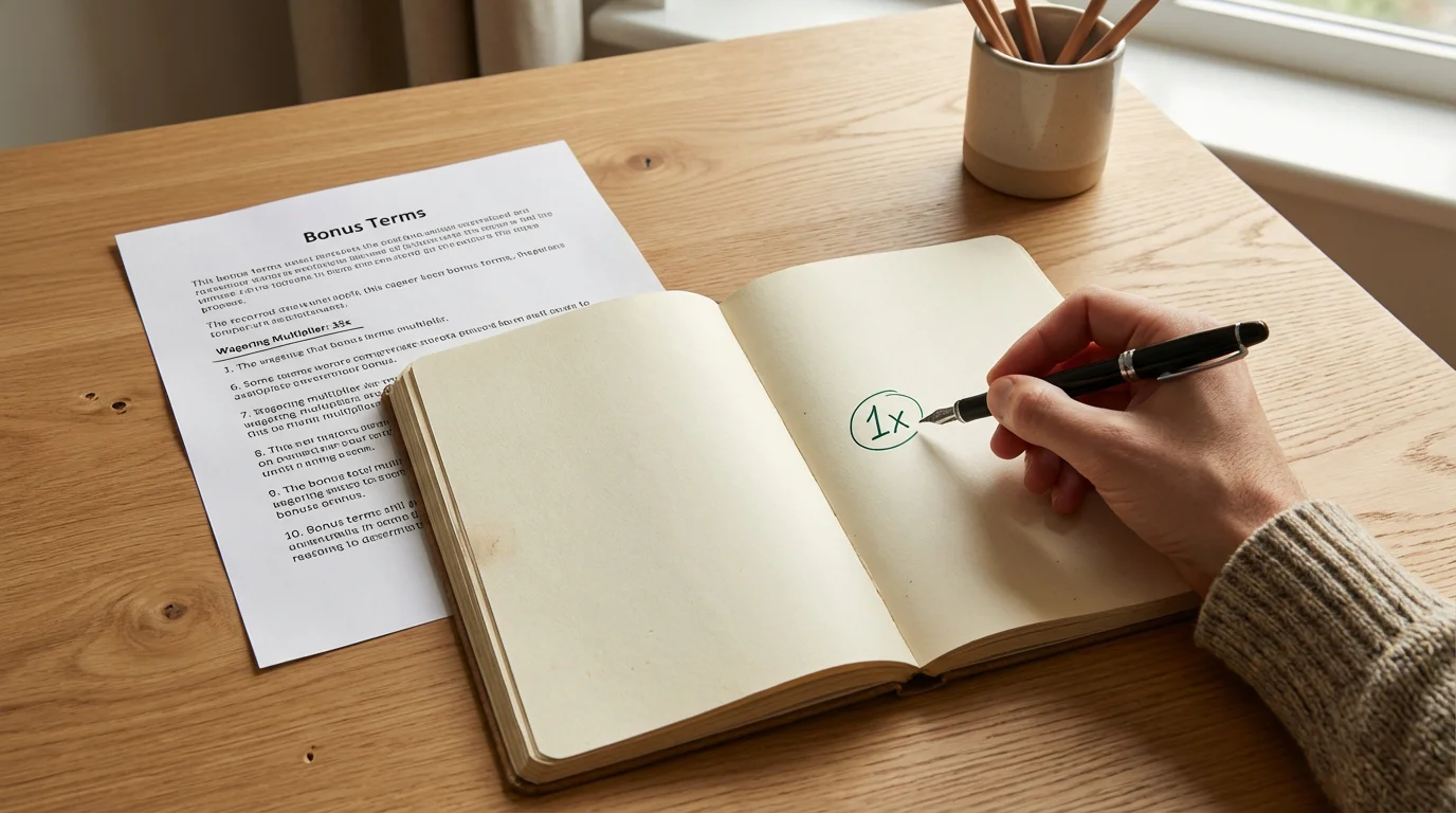 Low wagering no deposit bonus UK — small multiplier number highlighted on casino bonus terms