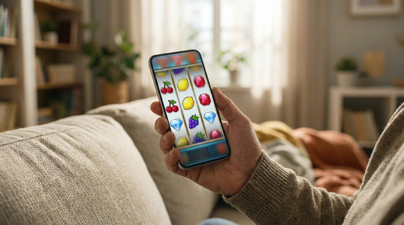 Mobile casino no deposit bonus UK — smartphone displaying a casino slot game