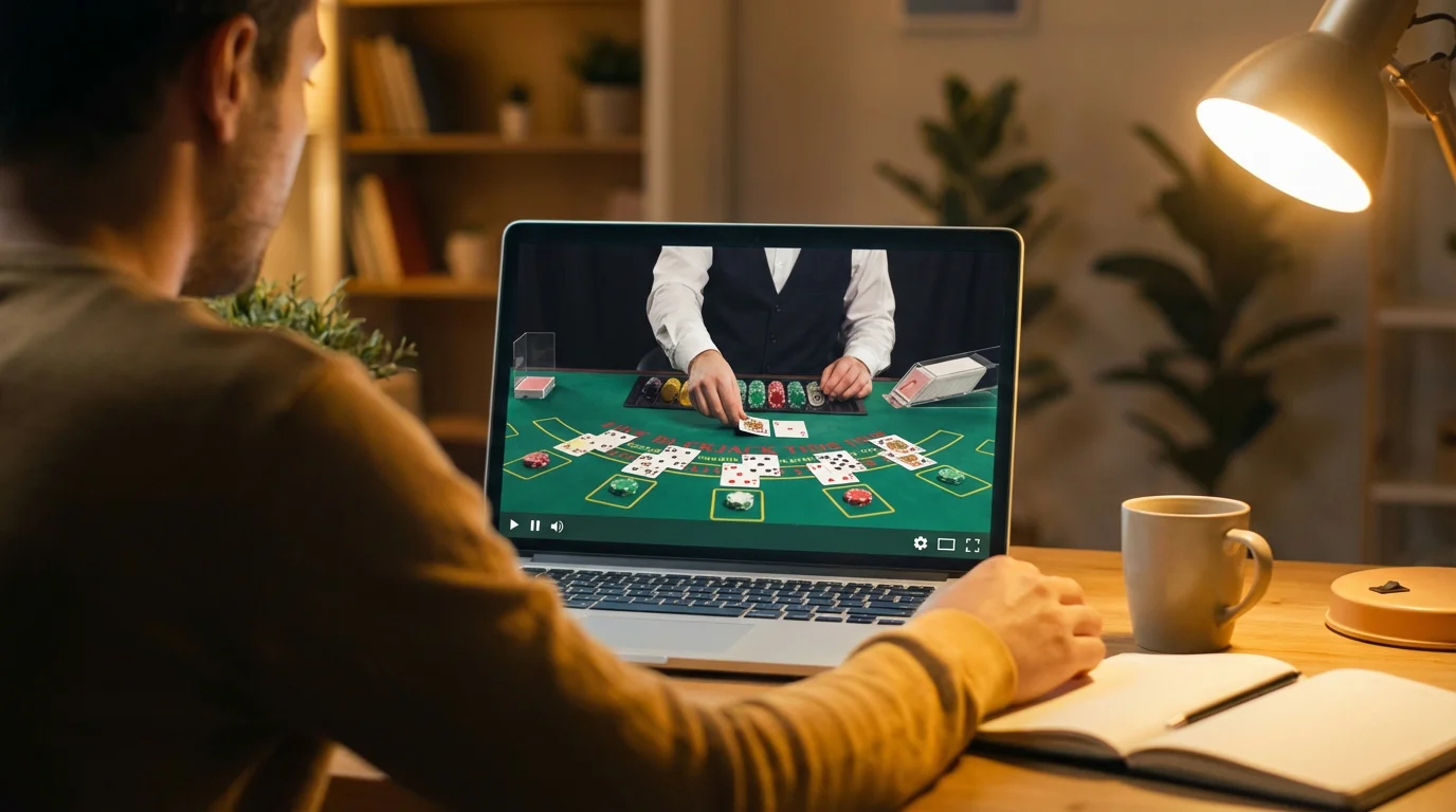 No deposit bonus for live casino UK — live dealer at a blackjack table seen through a laptop screen
