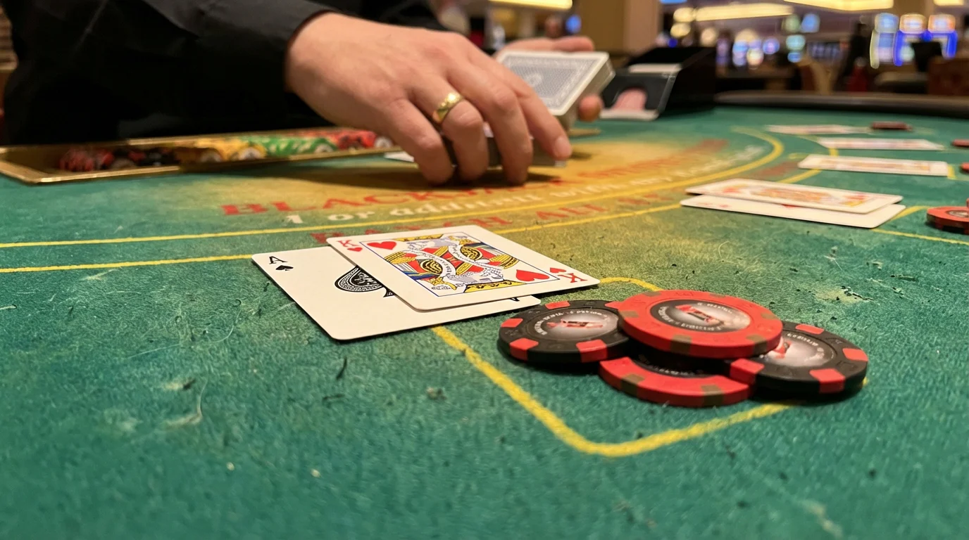 No deposit bonus for table games UK — close-up of a blackjack hand on green felt with chips nearby