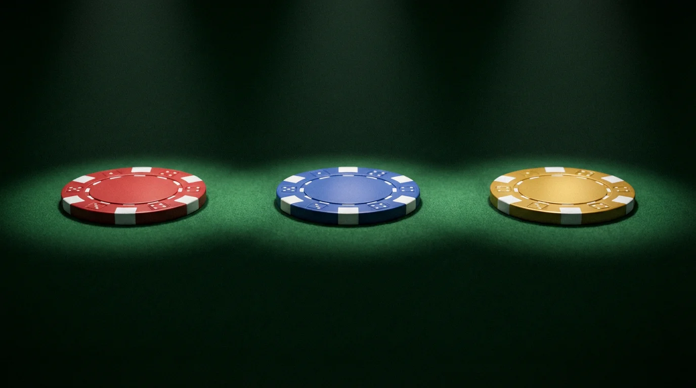 No deposit bonus types UK — three casino chips representing free spins, bonus cash, and free play