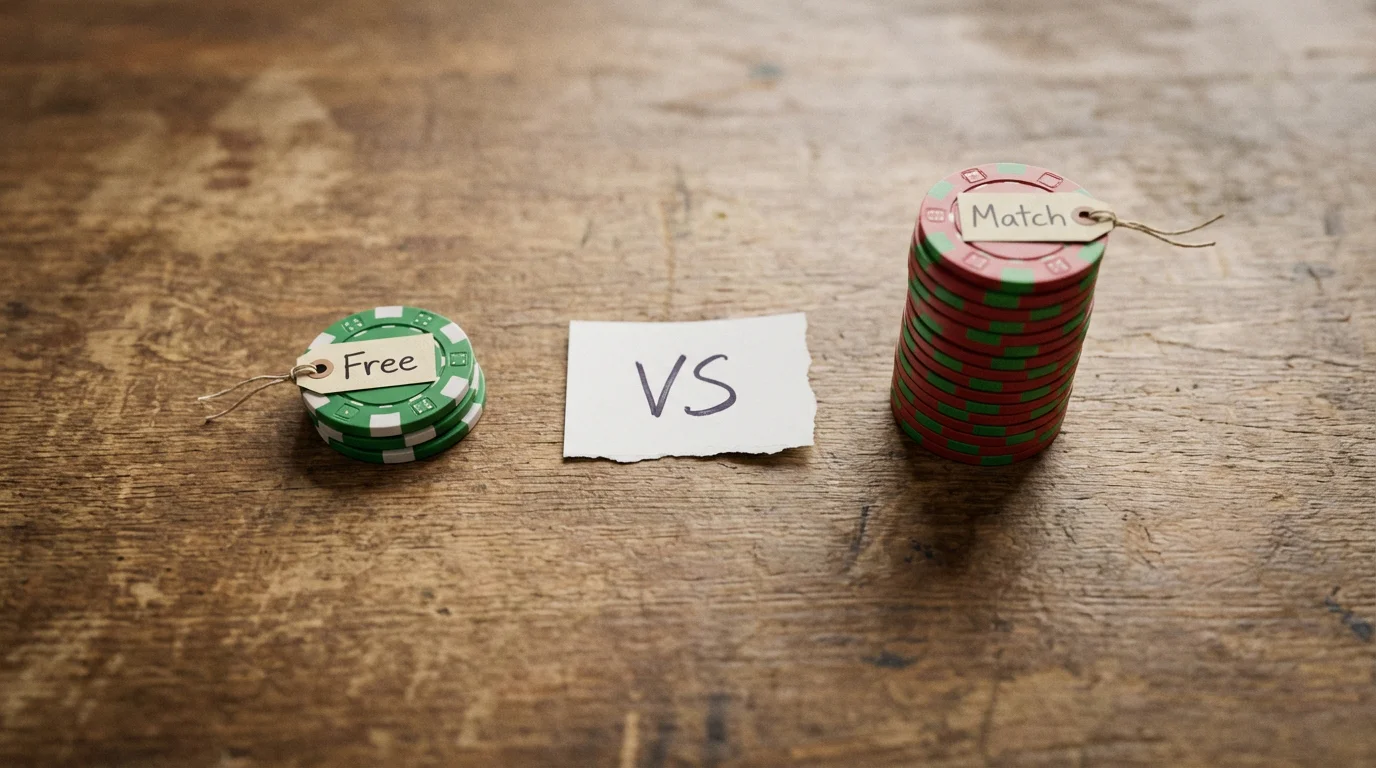 No deposit bonus vs deposit match UK — two casino bonus offers side by side on a table