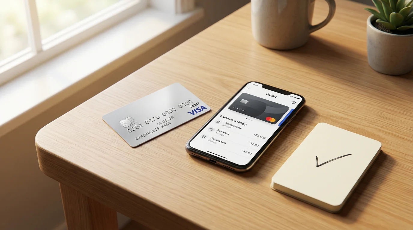 Payment methods and casino bonuses UK — debit card and smartphone wallet on a wooden desk