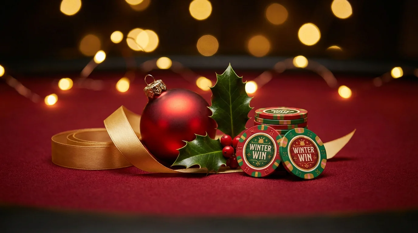 Seasonal casino bonuses UK — festive Christmas decorations surrounding casino chips on a red felt table