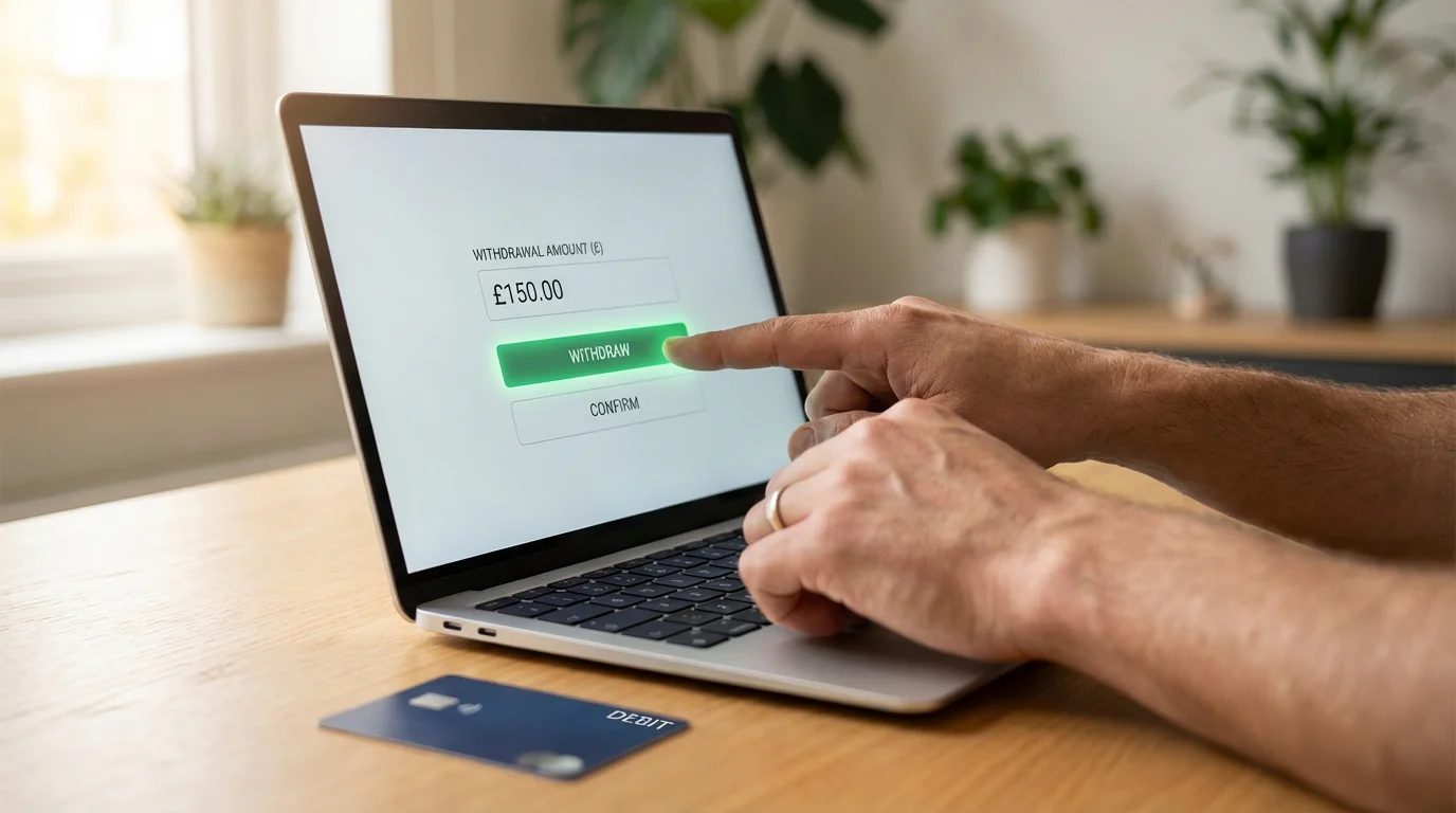 Withdrawing casino bonus winnings UK — person tapping a withdraw button on a casino cashier screen